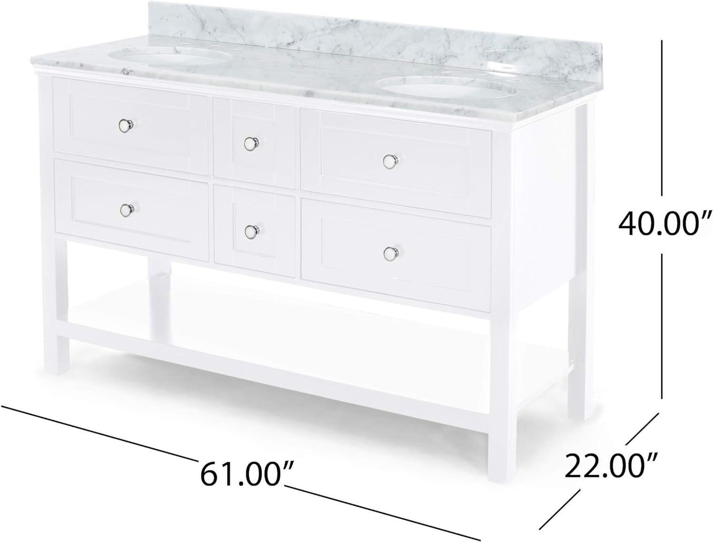 61'' Bathroom Vanity with Marble Top & Double Ceramic Sinks, 4 Drawers, Open Shelf, White