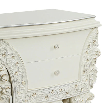 Rox 40 Inch Classic Ornate Carved Nightstand with 2 Drawer, Wood, White