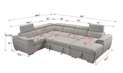 125" Modern U Shaped 7-seat Sectional Sofa Couch with Adjustable Headrest, Sofa Bed with Storage Chaise-Pull Out Couch Bed for Living Room ,Light Gray