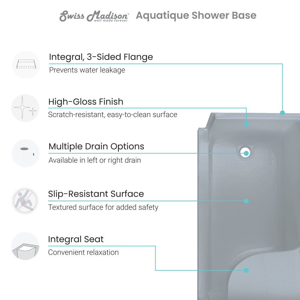 Swiss Madison Aquatique 60" x 32" Single Threshold Shower Base With Right Hand Drain and Integral Left Hand Seat in Grey SM-SB538E