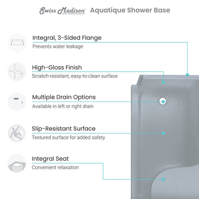 Swiss Madison Aquatique 60" x 32" Single Threshold Shower Base With Right Hand Drain and Integral Left Hand Seat in Grey SM-SB538E