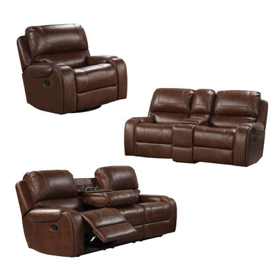 Achern Brown Leather-Air Nailhead Manual Reclining 3-Piece Sofa Set