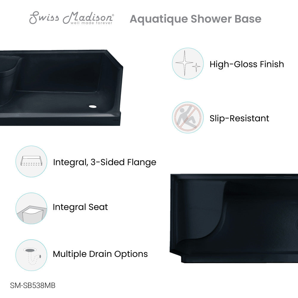 Swiss Madison Aquatique 60" x 32" Right Drain, Shower Base in Matte Black SM-SB538MB