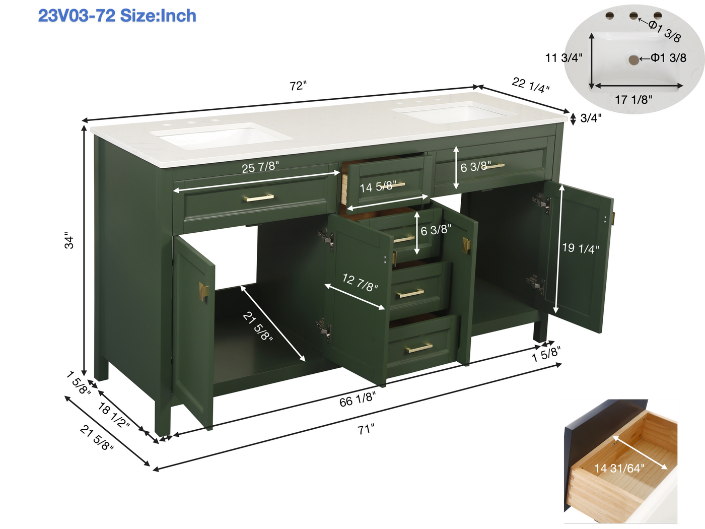 Vanity Sink Combo featuring a Marble Countertop, Bathroom Sink Cabinet, and Home Decor Bathroom Vanities - Fully Assembled Green 72-inch Vanity with Sink 23V03-72VG