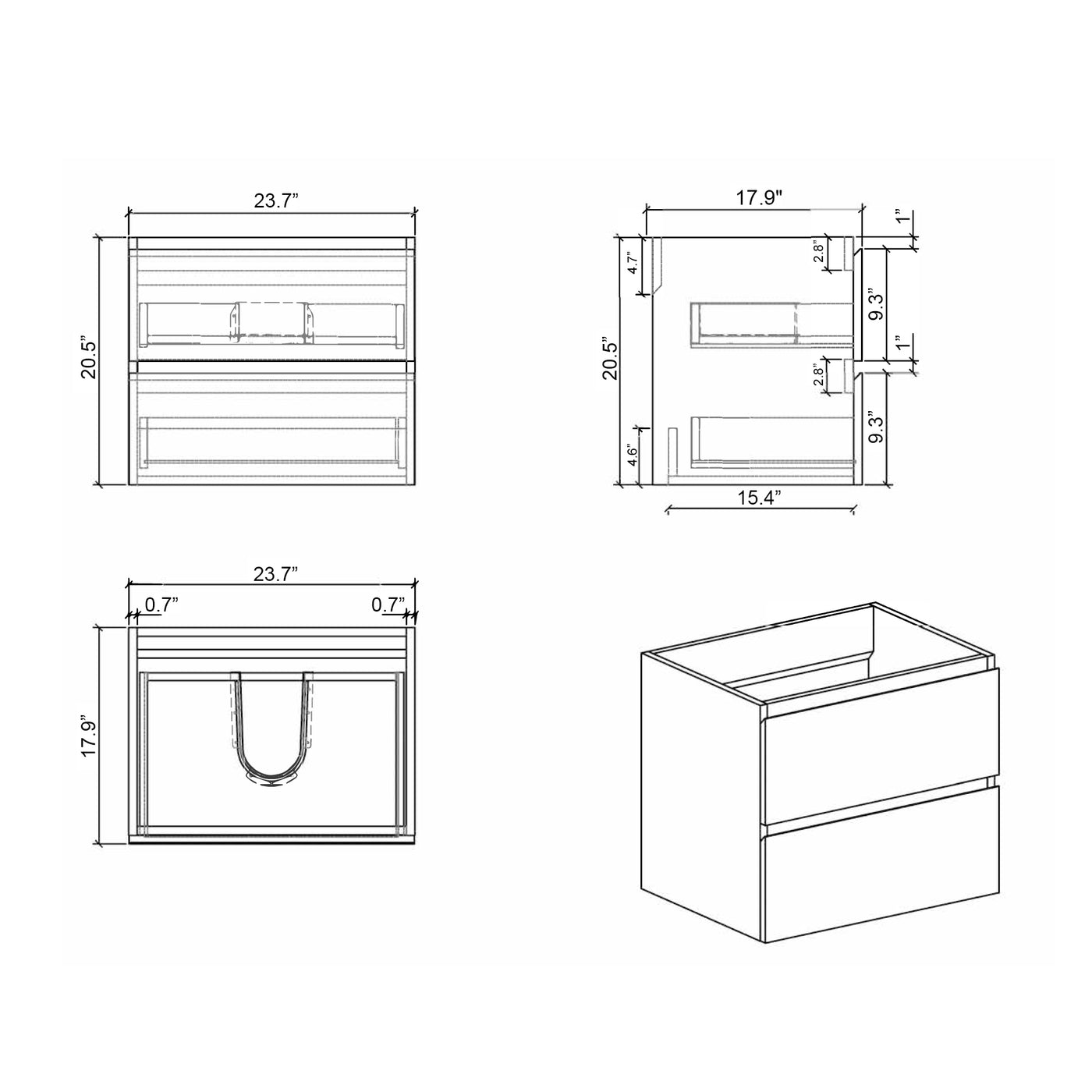 U062-Alice60W-201 Alice 60" White Bathroom Vanity with Double Sinks and Open Shelf, Modern Wall Mounted Floating Bathroom Vanity, One-Piece Sink Basin without Drain and Faucet