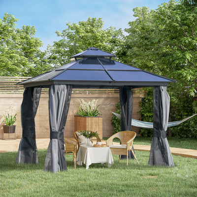 10' x 10' Hardtop Gazebo Canopy with Polycarbonate Double Roof, Aluminum Frame, Permanent Pavilion Outdoor Gazebo with Netting and Curtains for Patio, Garden, Backyard, Deck, Lawn, Gray