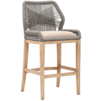 Counter Stool with Wooden Legs and Rope Back, Gray and Brown