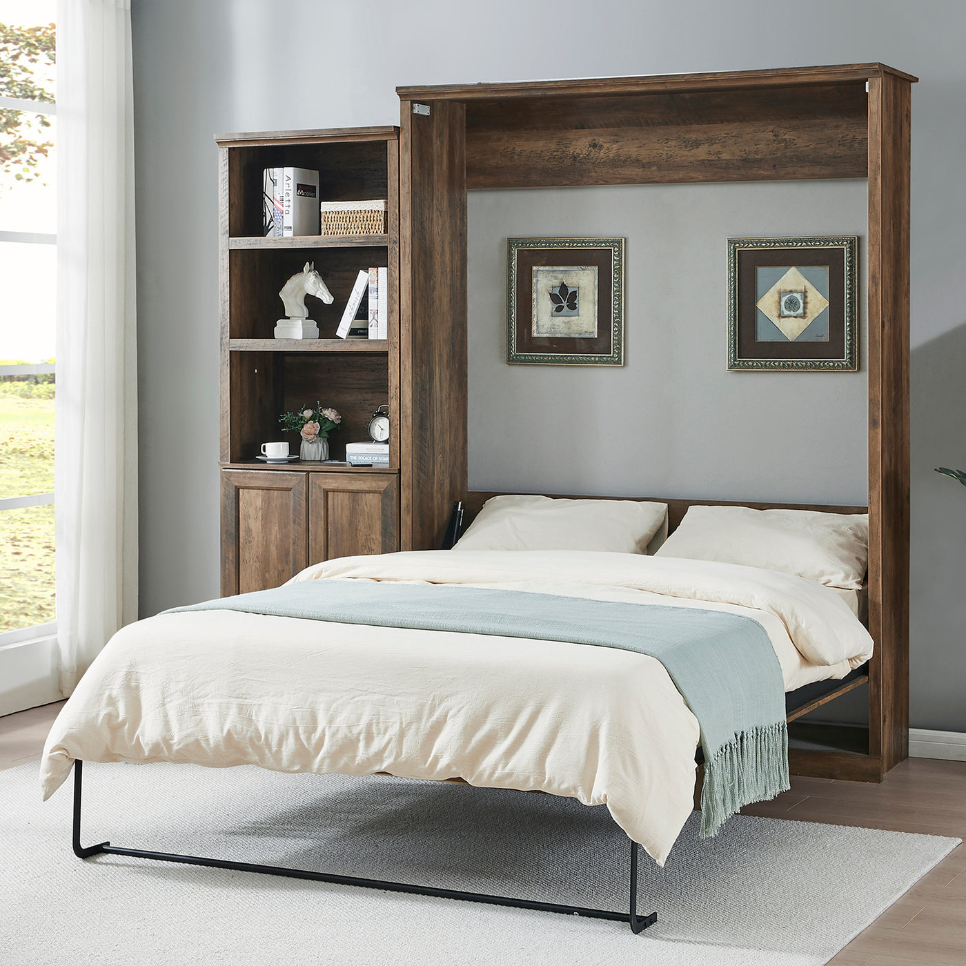 Queen Size Half Self-Close and Open Murphy Bed  with 1 Side Cabinet Storage Shelf, Cabinet Space-Saving Bed Perfect for Guest Room, Bed Room, Guest Room, Home Office, Brown