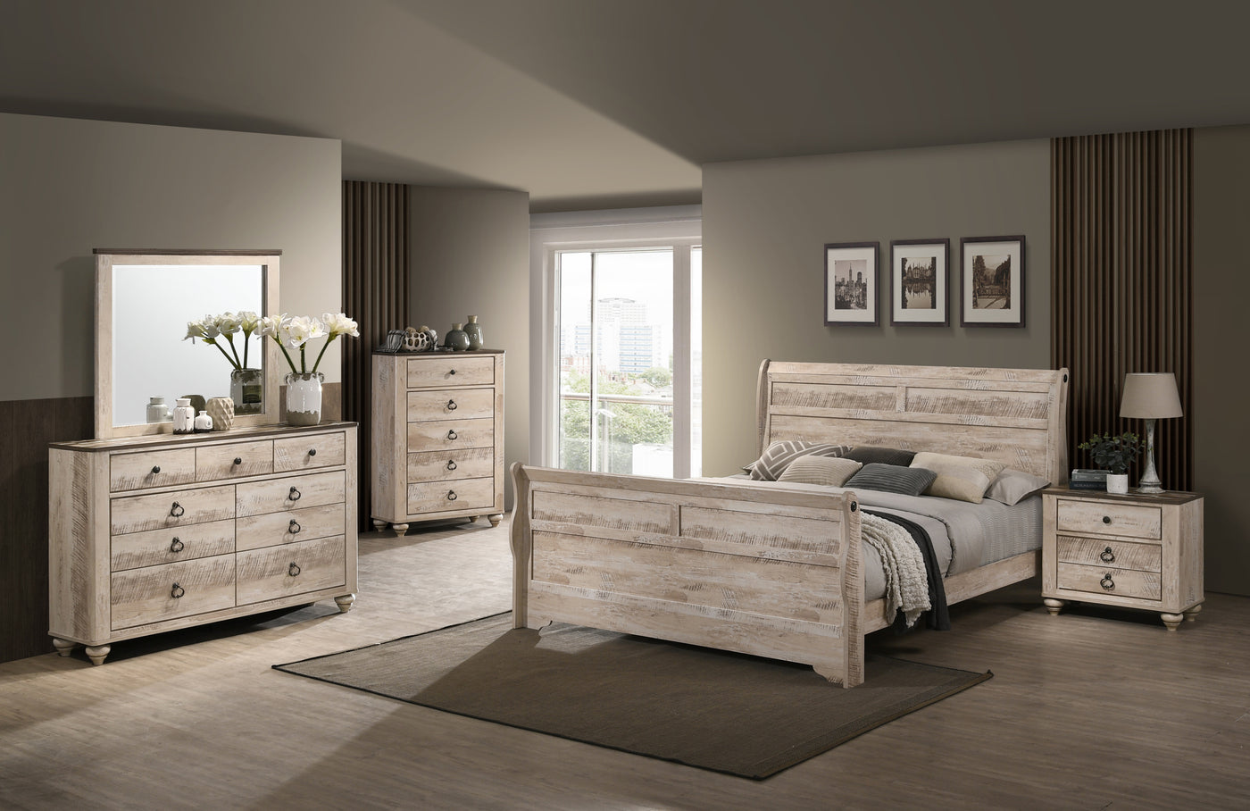 Imerland Contemporary White Wash Finish Bedroom Set with King Sleigh Bed, Dresser, Mirror, Two Nightstands, Chest