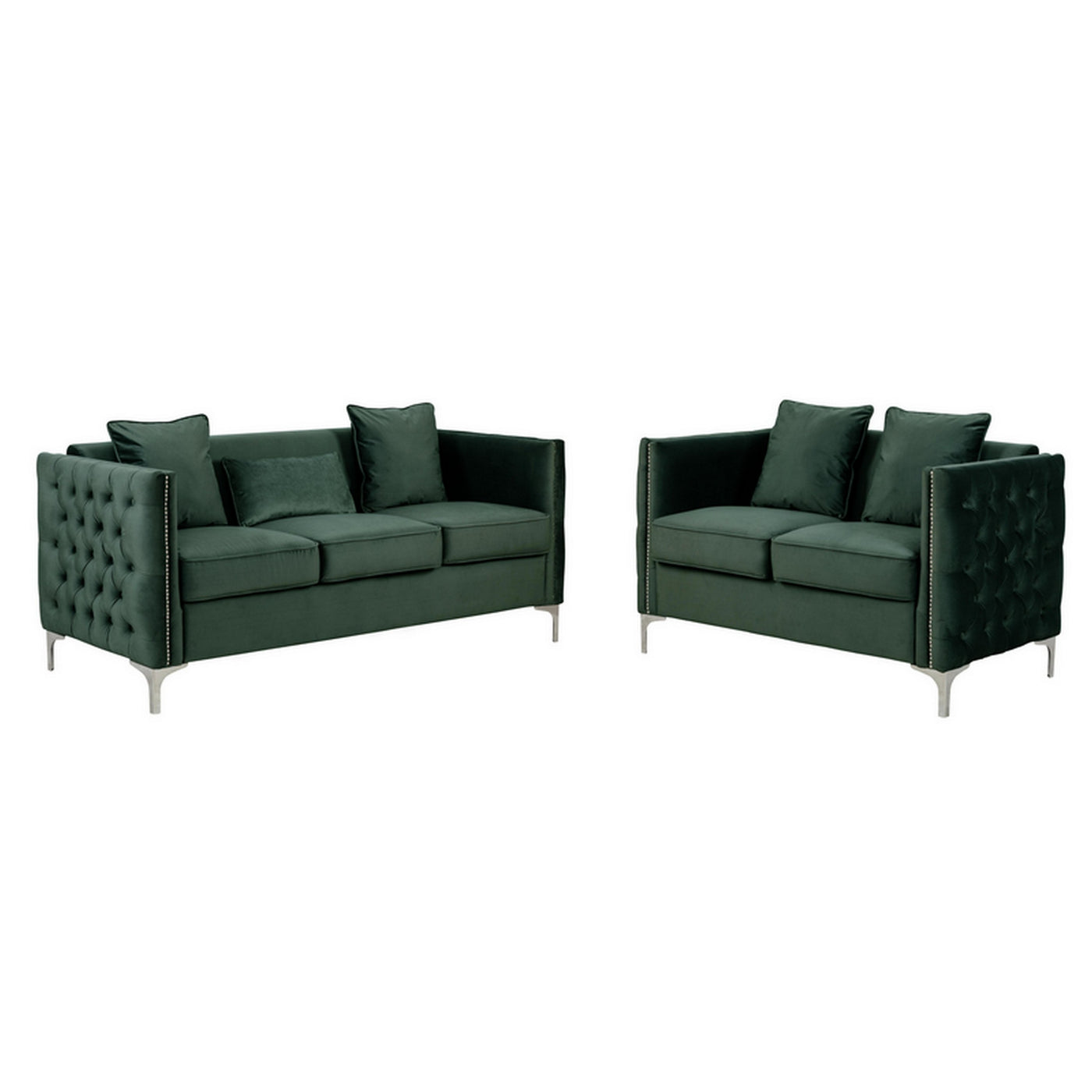 Joel Modern 2 Piece Sofa and Loveseat Living Room Set, Tufted Green Velvet