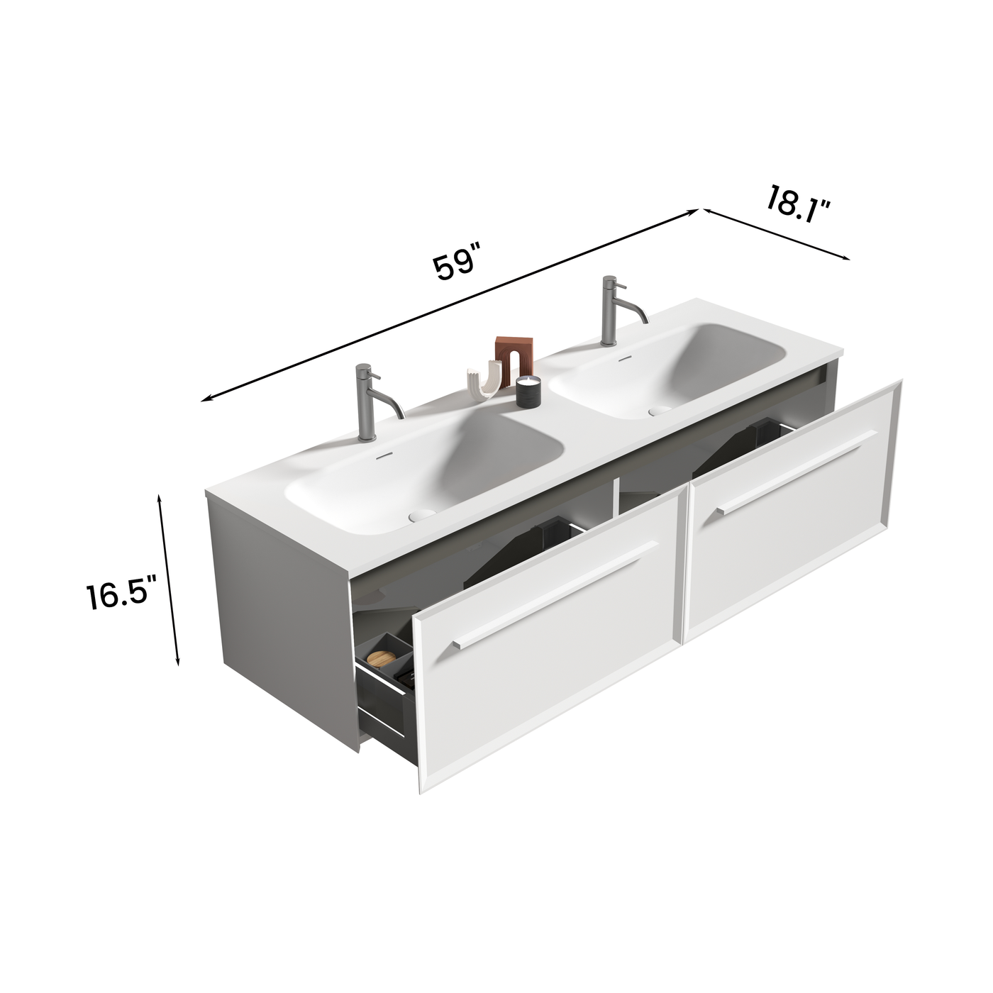 U052-Nevia60W-206 Nevia 60" Matt Snow White Bathroom Vanity with Automatic LED Drawer Light, Wall Mounted Bathroom Vanity with Integrated Solid Surface Sink, WITHOUT Drain, Pre-assembled