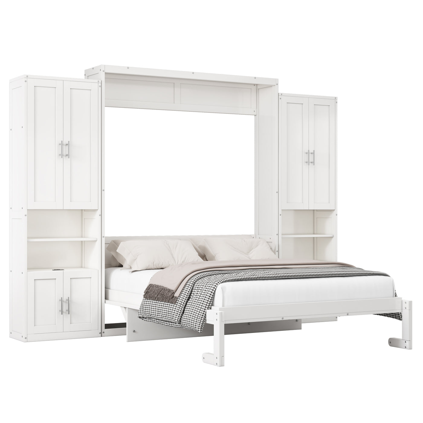 Queen Size Murphy Bed with 2 Side Cabinet Storage Shelves, 68-inch Cabinet Bed Folding Wall Bed with Desk Combo Perfect for Guest Room, Study, Office,White(old sku:BS400491AAC)