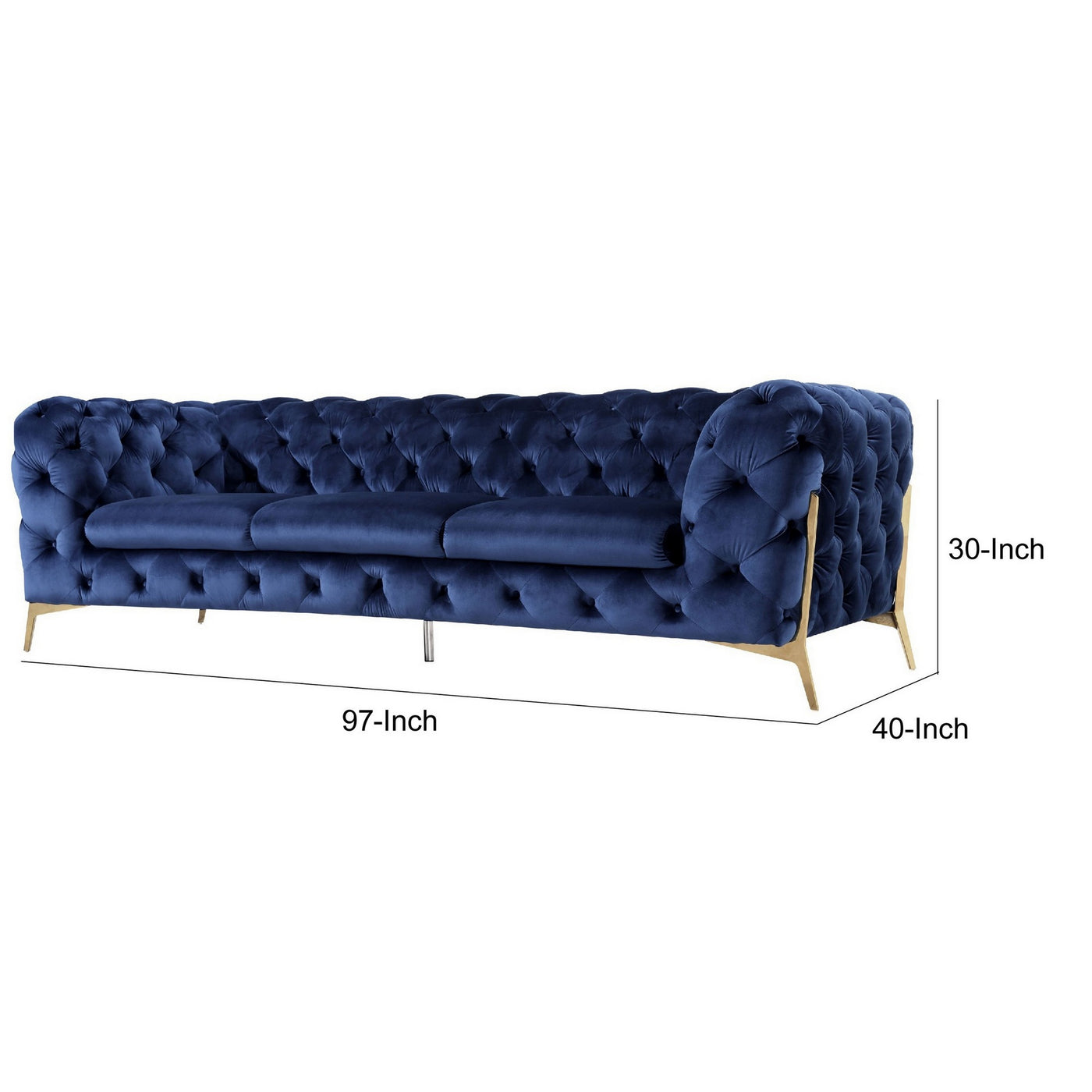 Reno Joni 97 Inch Modern Sofa, Chesterfield, Velour Fabric, Blue, Gold