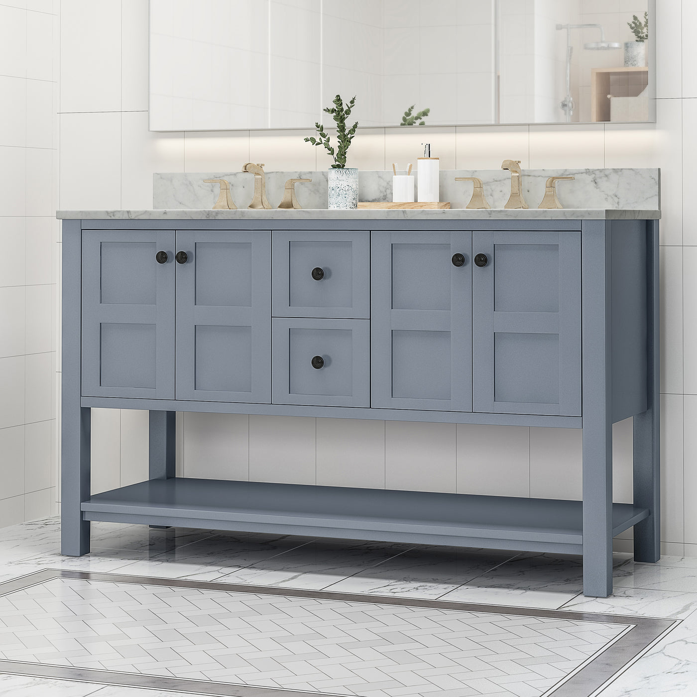 61'' Bathroom Vanity with Marble Top & Double Ceramic Sinks, 4 Doors, 2 Drawers, Open Shelf, Gray