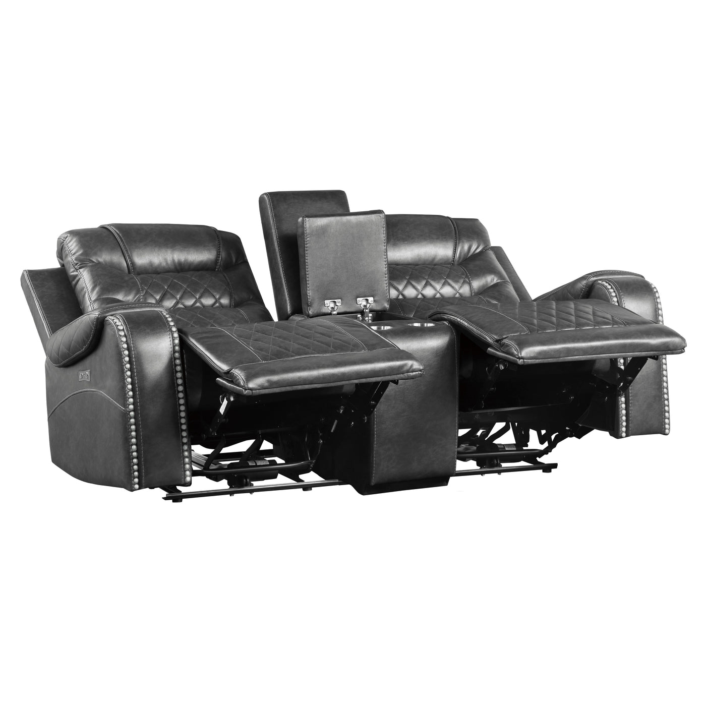 Luxurious Living Room Furniture 2pc Power Reclining Sofa Set Gray Breathable Faux Leather Upholstery Center Drop-Down Cup Holders, Power Outlets, USB Ports, Diamond Pattern Stitching