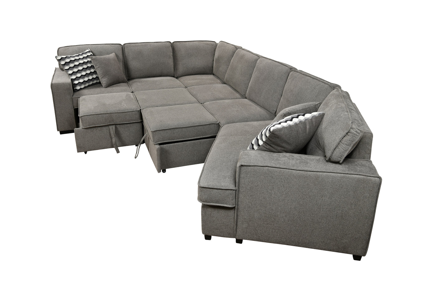 146"Oversized Upholstered Sectional Pull Out Sleeper Bed and Chaise Lounge, U-Shaped Sofa with 2 pull-out bed, 4 Pillows & 2 Cup Holders on Back Cushions for Home, Bedroom, Apartment, Light Grey