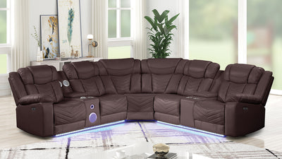 Challenger Modern Style Recliner Sectional Sofa, Built in USB-C Ports & Bluetooth, made with Wood & Faux Leather in Brown