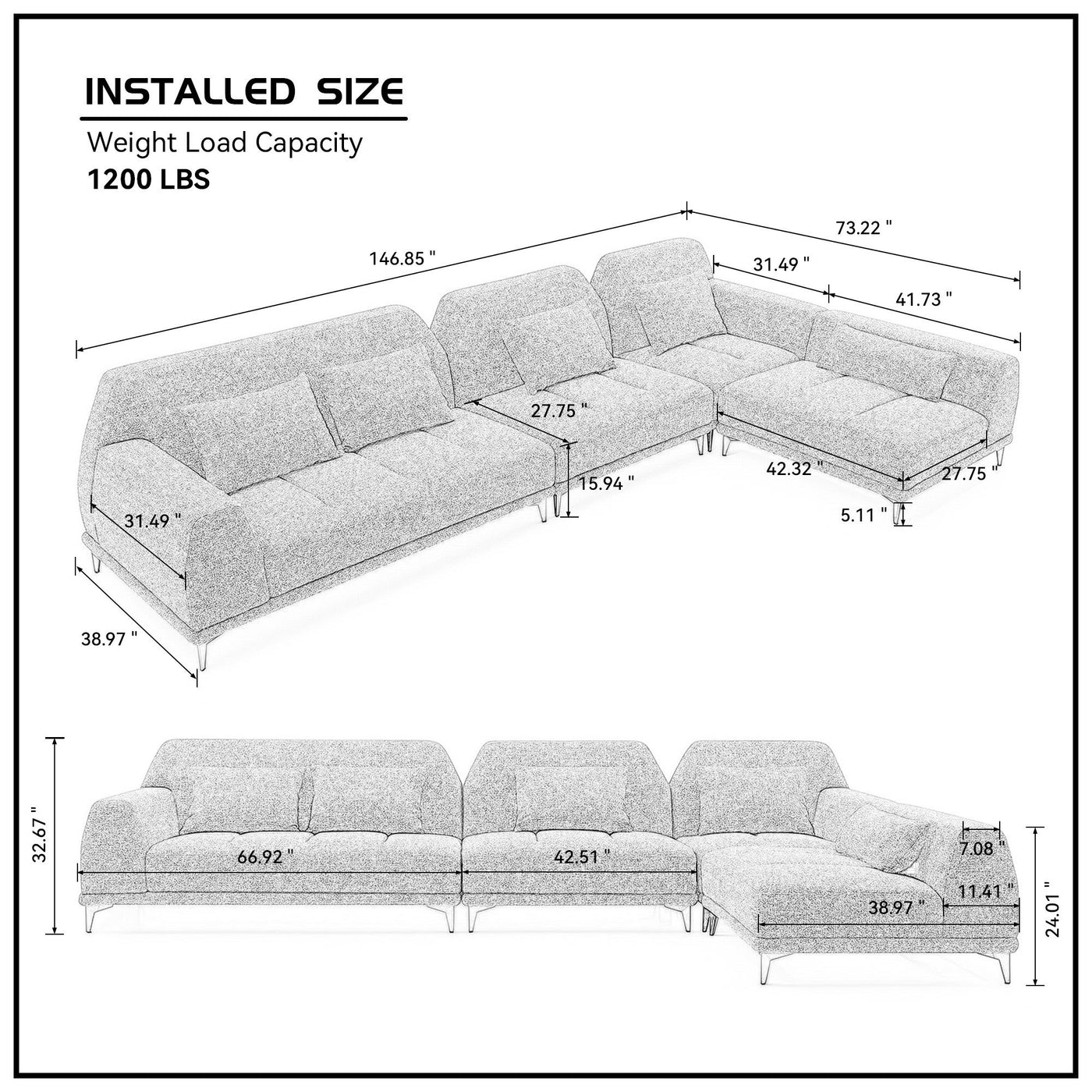 [Not available on wayfair] Modern Convertible Sectional Sofa in DARK Grey Fabric