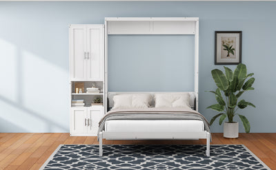 Queen Size Murphy Bed with 1 Side Cabinet Storage Shelf, 68-inch Cabinet Bed Folding Wall Bed with Desk Combo Perfect for Guest Room, Study, Office,White(old sku:BS300491AAC)