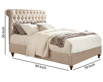 Wooden California King Size Bed with Button Tufted Headboard, Beige