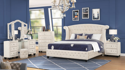 Sophia Crystal Tufted King 5 Pc Vanity Bedroom Set Made with Wood in Cream