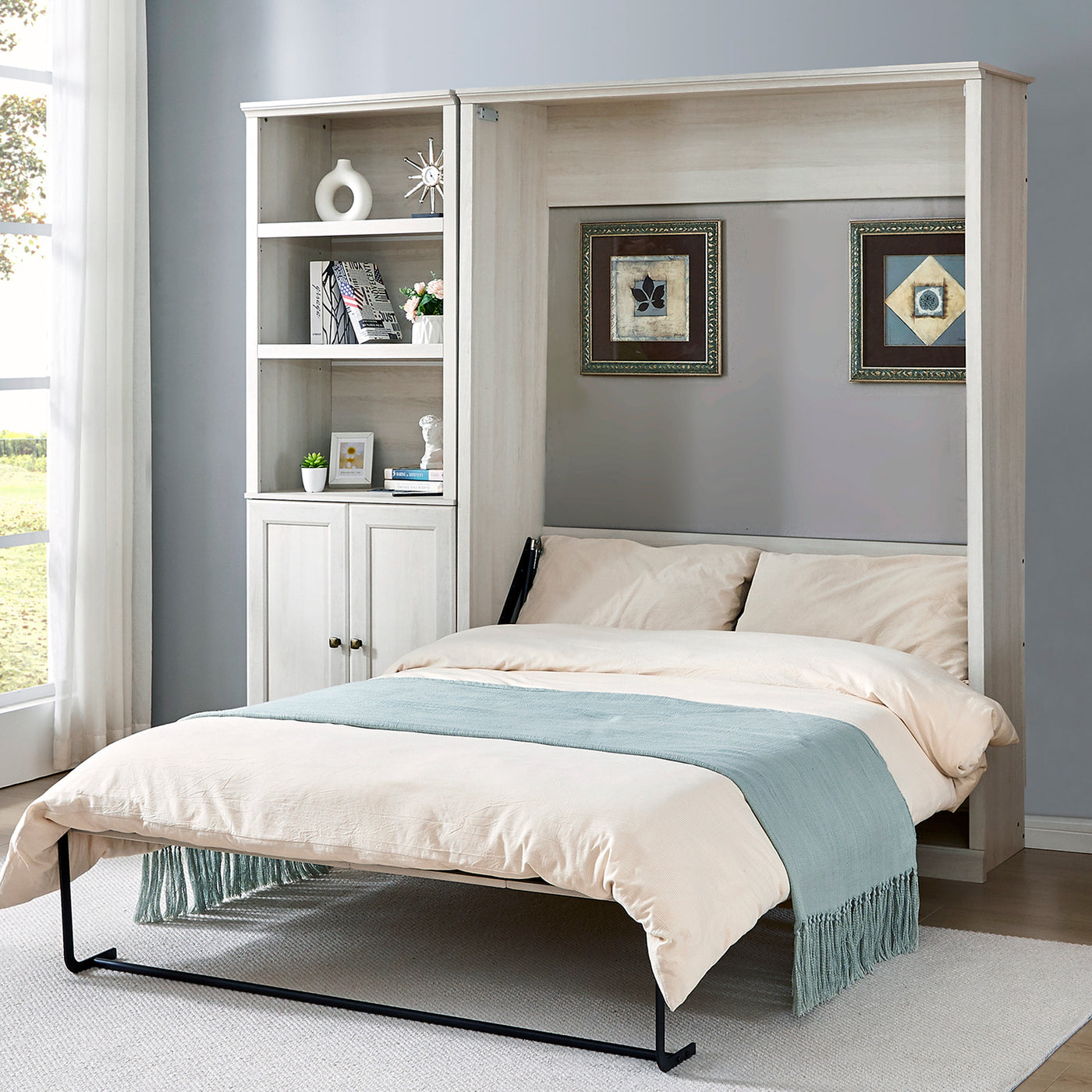 Full Size Half Self-Close and Open Murphy Bed with 1 Side Cabinet Storage Shelf, Cabinet Space-Saving Bed Perfect for Guest Room, Bed Room, Guest Room, Home Office, Rustic White