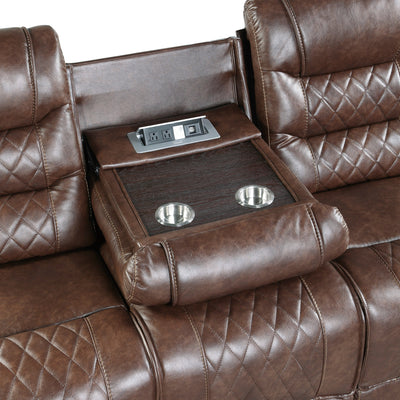 Luxurious Living Room Furniture 2pc Power Reclining Sofa Set Brown Breathable Faux Leather Upholstery Center Drop-Down Cup Holders, Power Outlets, USB Ports, Diamond Pattern Stitching