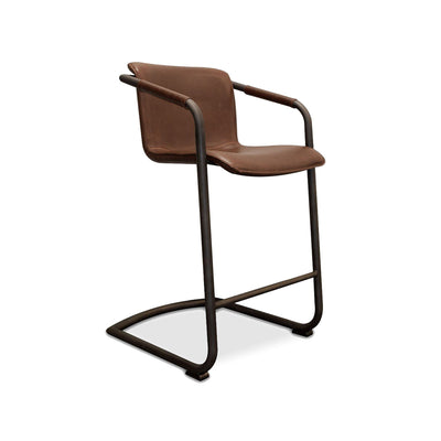 27 Inch Cantilever Counter Stool Chair, Set of 2, Brown Vegan Faux Leather