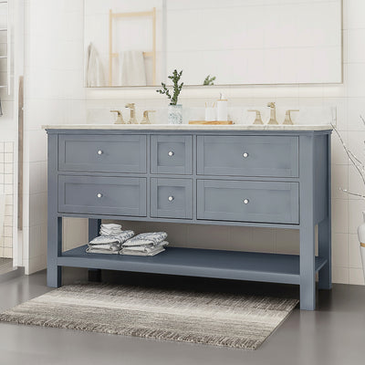 61'' Bathroom Vanity with Marble Top & Double Ceramic Sinks, 4 Drawers, Open Shelf, Gray