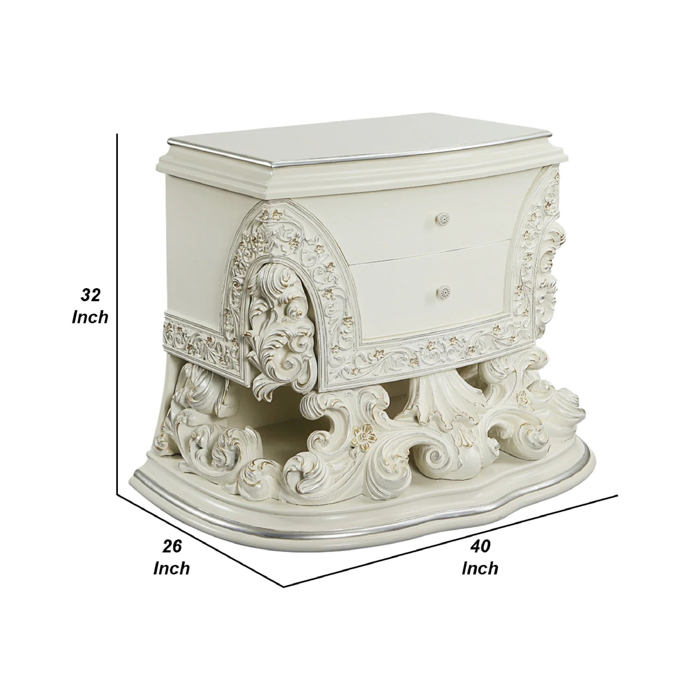 Rox 40 Inch Classic Ornate Carved Nightstand with 2 Drawer, Wood, White