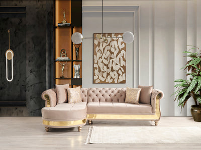 Julia Gold Detailed Tufted Upholstery Sectional made with Wood In Taupe