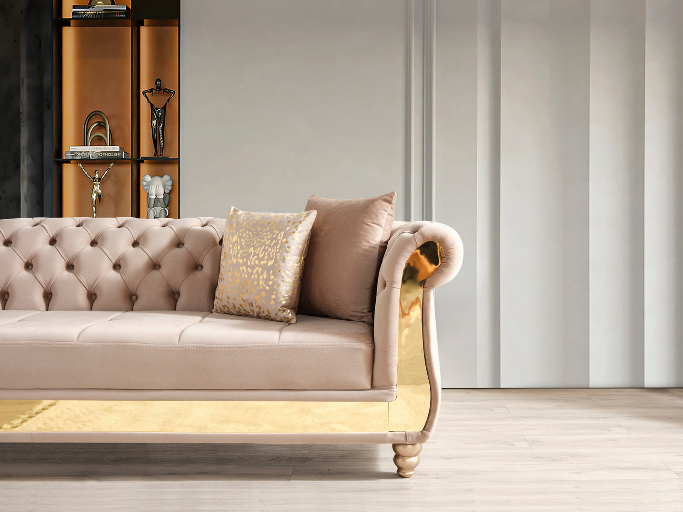 Julia Gold Detailed Tufted Upholstery Sectional made with Wood In Taupe