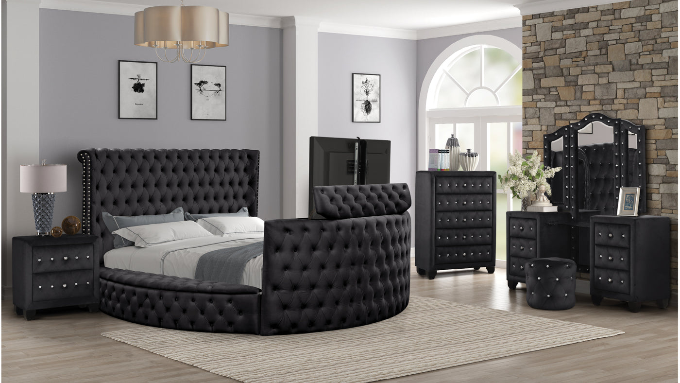 Maya Crystal Tufted King 5 Pc Vanity Bedroom Set Made with Wood in Black