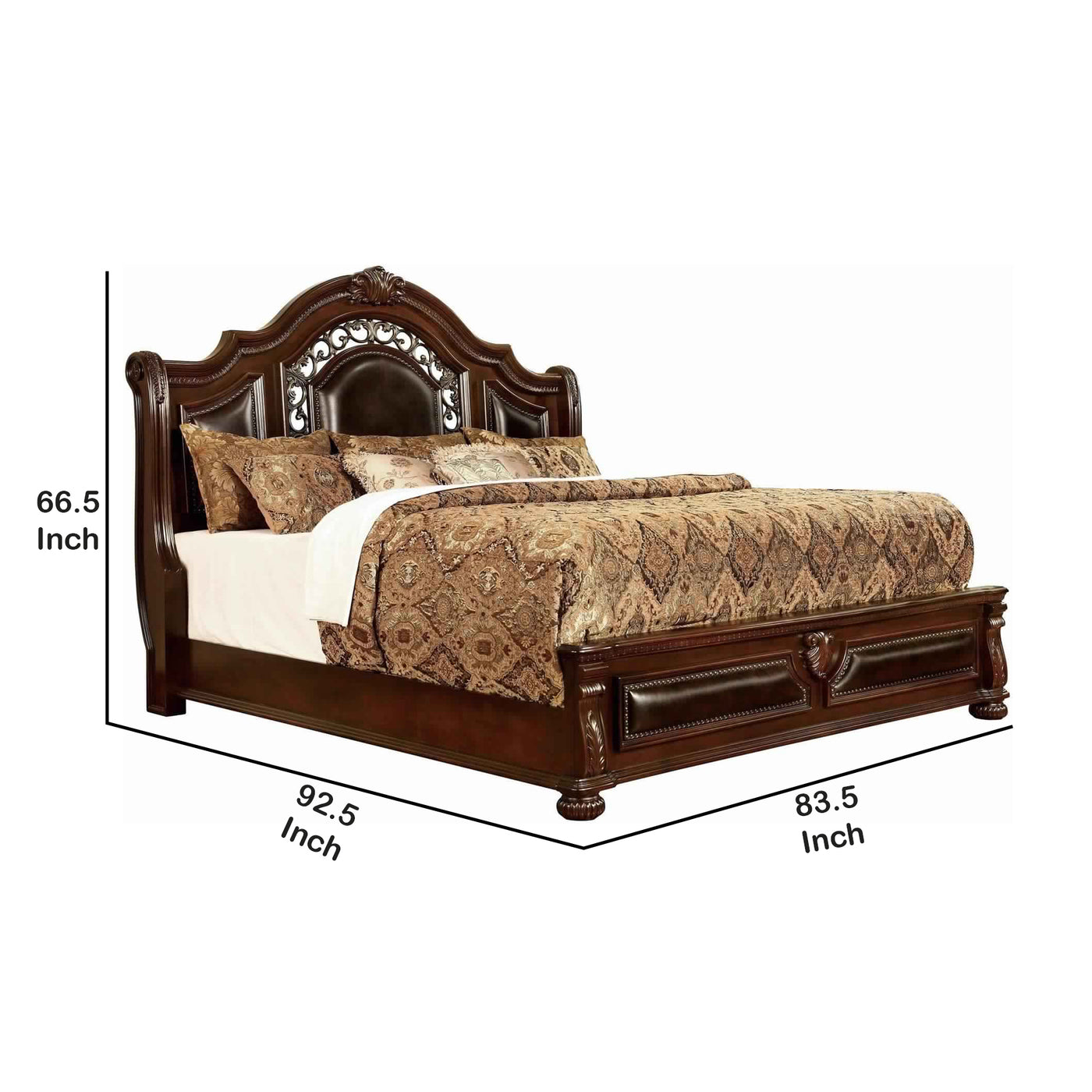 Traditional Eastern King Bed with Scalloped Headboard and Bun Feet,Brown