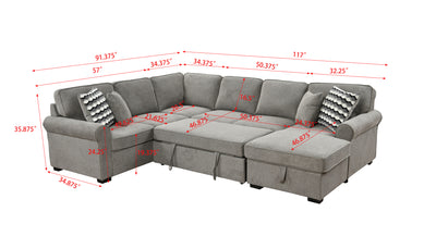 117" Oversized Sectional Sofa with Storage Chaise, Rolled Arms U Shaped Sectional Couch ,Removable Soft Backrest Cushions, with 4 Throw Pillows for Large Space Dorm Apartment,Light Gray