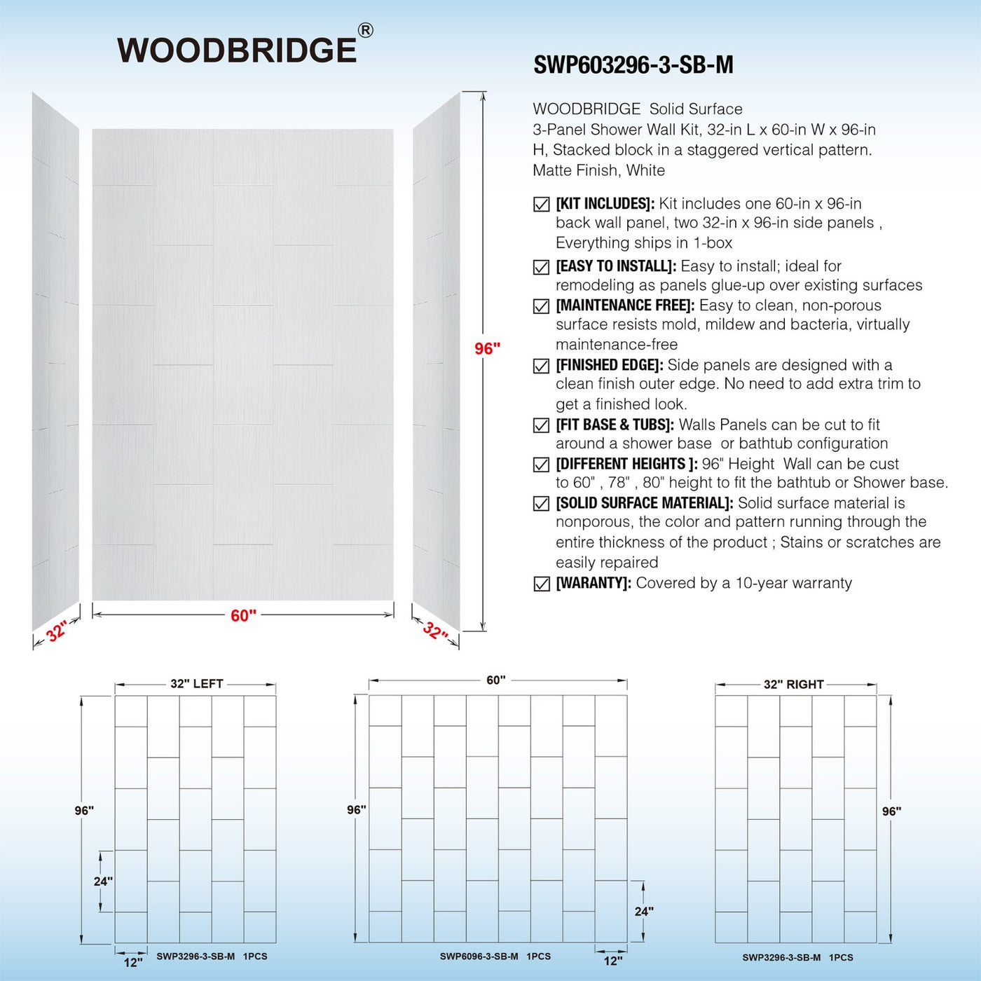 WOODBRIDGE Solid Surface 60" W x 96" H Tile Tub and Shower Wall Panel Surround, Quick Install, Cuttable, Stacked Block in a Staggered Vertical Pattern. Matte White Finish