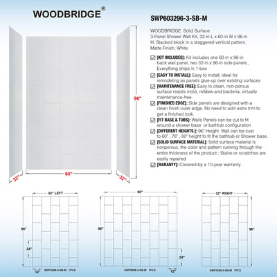 WOODBRIDGE Solid Surface 60" W x 96" H Tile Tub and Shower Wall Panel Surround, Quick Install, Cuttable, Stacked Block in a Staggered Vertical Pattern. Matte White Finish