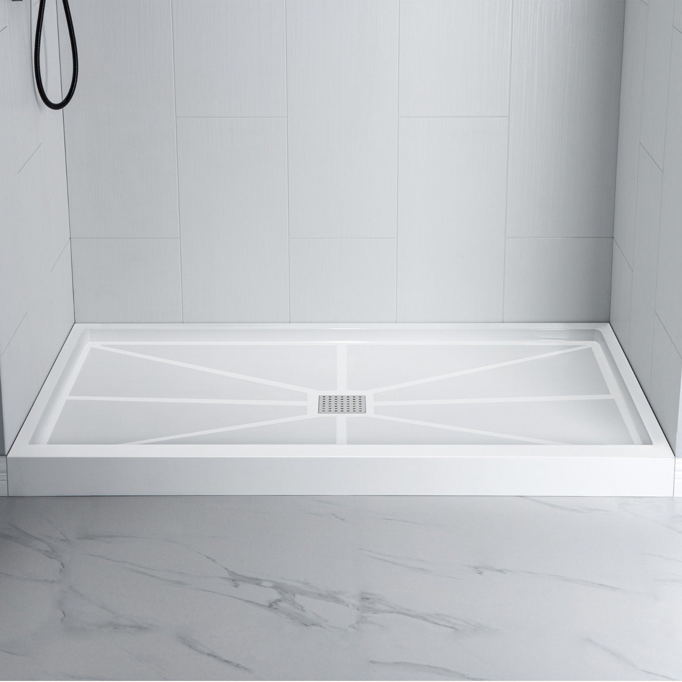 WOODBRIDGE Solid Surface 60" W x 96" H Tile Tub and Shower Wall Panel Surround, Quick Install, Cuttable, Stacked Block in a Staggered Vertical Pattern. Matte White Finish