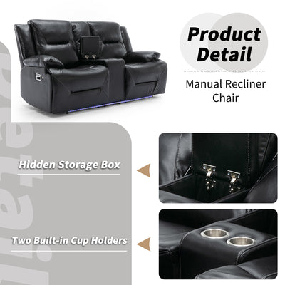 Home Theater Recliner Set Manual Recliner Chair with a LED Light Strip Two Built-in Cup Holders for Living Room,Bedroom, Black ,