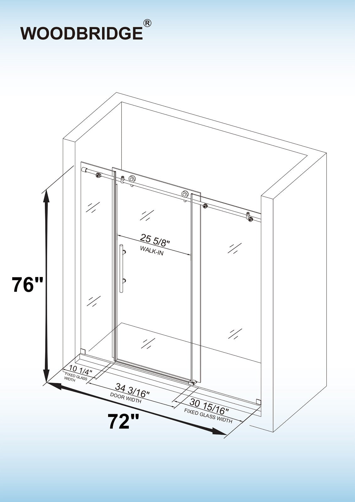 WOODBRIDGE Frameless Shower Doors 68-72" Width x 76"Height with 3/8"(10mm) Clear Tempered Glass in Brushed Nickel Finish,MBSDC7276-B