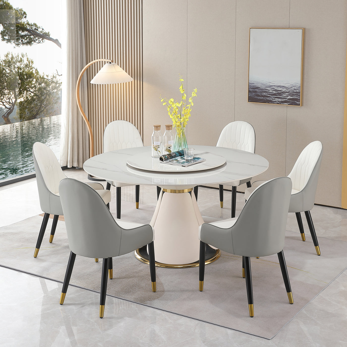 59.05"Modern Sintered stone dining table with 31.5" round turntable with wood and metal exquisite pedestal with 8 pcs Chairs .