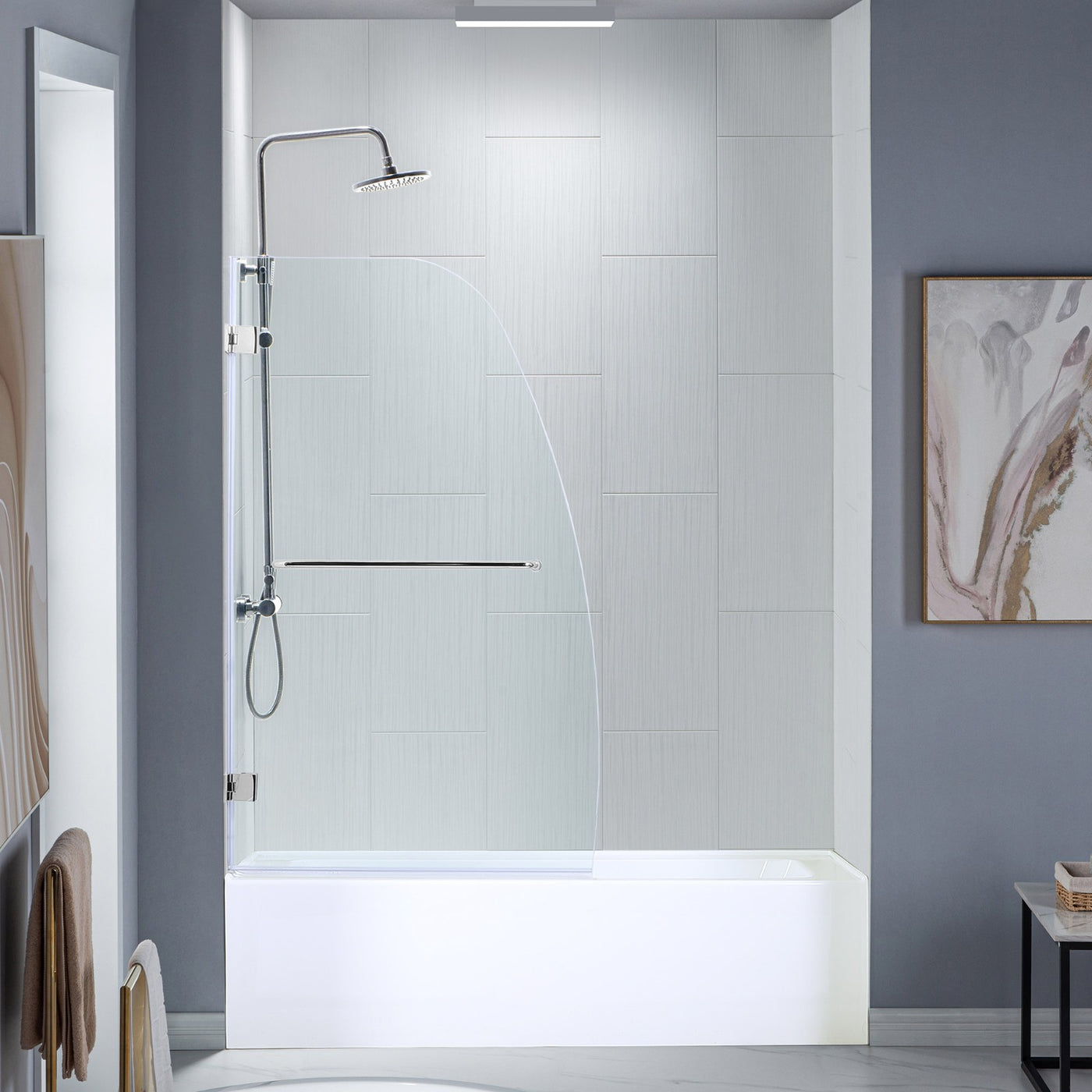 WOODBRIDGE MTDB3458-B, Frameless Hinged Bathtub Shower, 5/16" Tempered Panel, 34" W x 58" H Tub Glass Door in Brushed Nickel Finish, Include Towel Bar