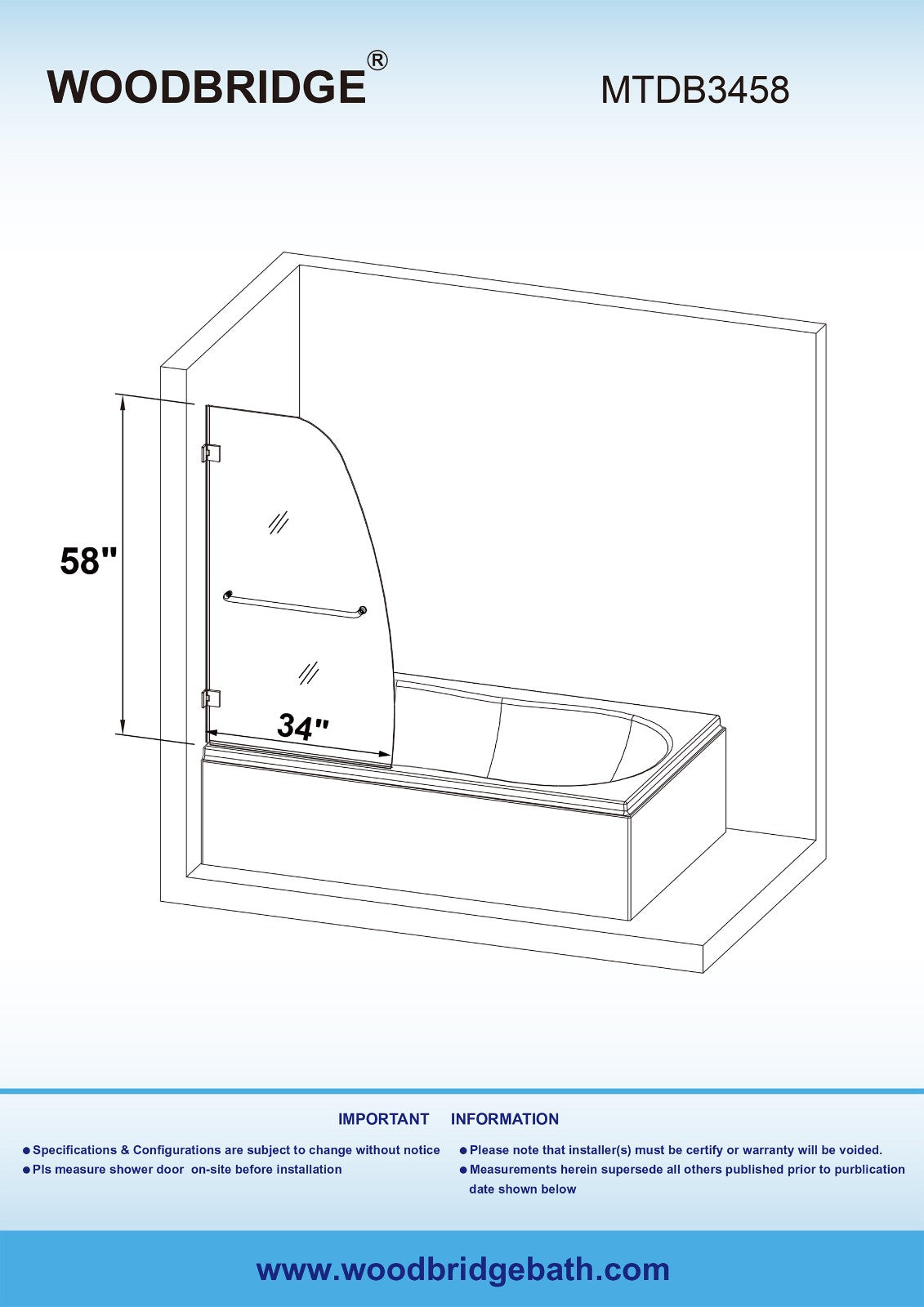 WOODBRIDGE MTDB3458-B, Frameless Hinged Bathtub Shower, 5/16" Tempered Panel, 34" W x 58" H Tub Glass Door in Brushed Nickel Finish, Include Towel Bar