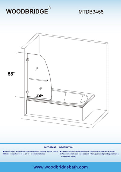 WOODBRIDGE MTDB3458-B, Frameless Hinged Bathtub Shower, 5/16" Tempered Panel, 34" W x 58" H Tub Glass Door in Brushed Nickel Finish, Include Towel Bar