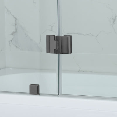 WoodBridge 49" W x 58" H Clear Tempered Glass Frameless Hinged Shower Tub Door With Brushed Nickel Support Bar and Hardware