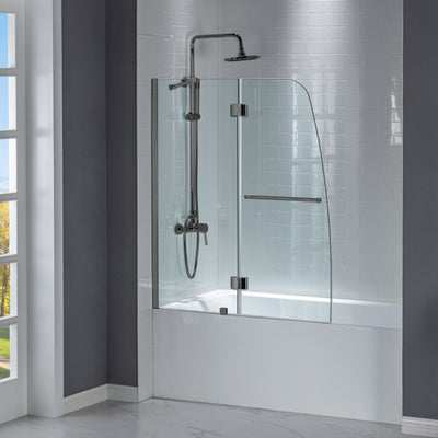 WoodBridge 49" W x 58" H Clear Tempered Glass Frameless Hinged Shower Tub Door With Brushed Nickel Support Bar and Hardware