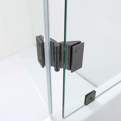 WoodBridge 49" W x 58" H Clear Tempered Glass Frameless Hinged Shower Tub Door With Brushed Nickel Support Bar and Hardware