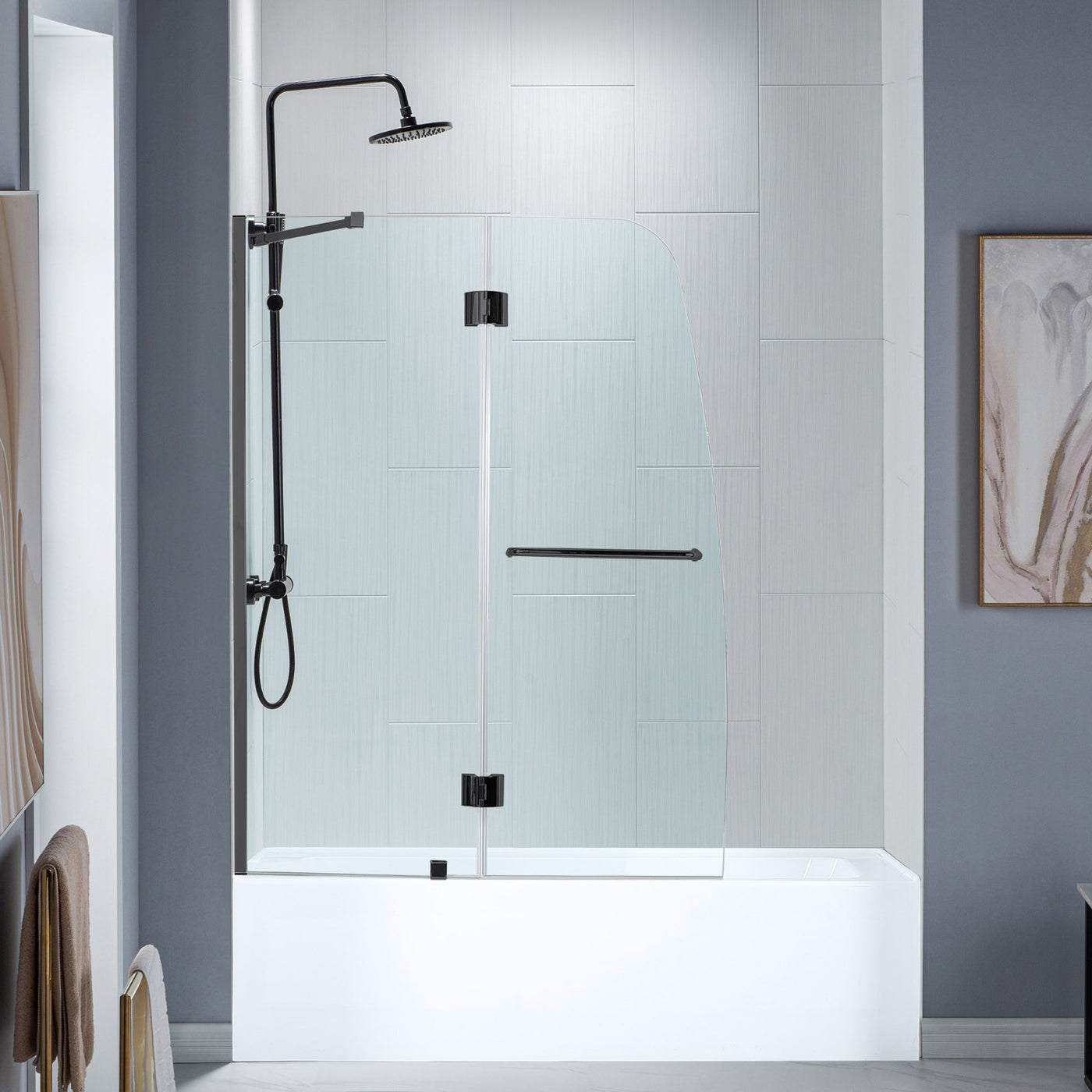 WoodBridge 49" W x 58" H Clear Tempered Glass Frameless Hinged Shower Tub Door With Brushed Nickel Support Bar and Hardware