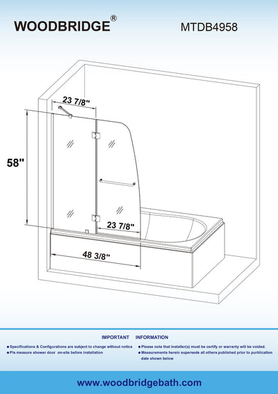 WoodBridge 49" W x 58" H Clear Tempered Glass Frameless Hinged Shower Tub Door With Brushed Nickel Support Bar and Hardware