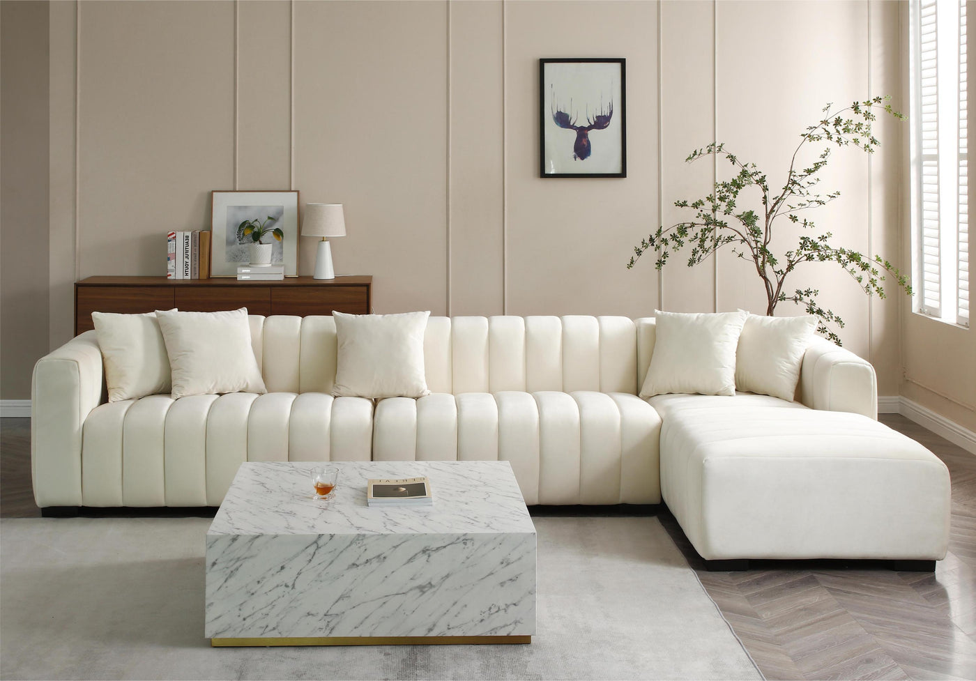 L-Shape Sectional Sofa with Deep Tufted Velvet Upholstered Right Chaise Modular Sofa  beige